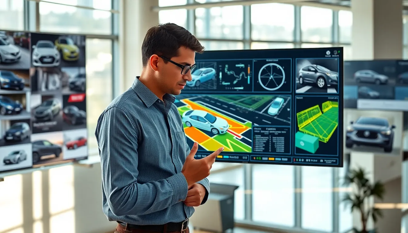 accident reconstructionist analyzing a digital model in a professional setting.